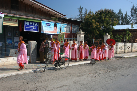 Inlemeer2 Inle meer - Nyaungshwe Jonge nonnen bedelen vroeg in de ochtend voor voedsel
   3420_7414.jpg